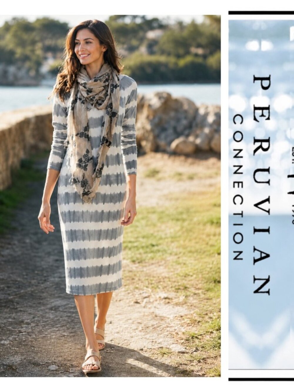 Peruvian Connection Beachcomber Gray White Tie Dye Boho Lagenlook Midi Dress M